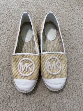 Michael Kors Natural Straw Espadrille Slip-Ons with White Trim